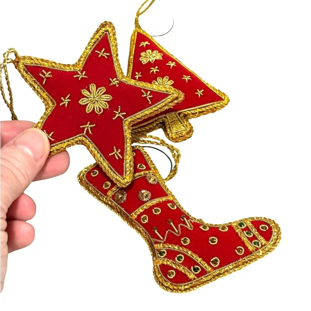 Vintage red cloth & gold cord ribbon trim Christmas tree ornaments handmade - Picture 7 of 7